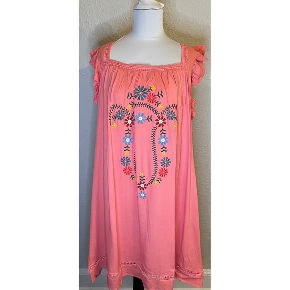 Chic Soul Embroidered Dress Square Neck Ruffle Sleeve Coral Pink 2XL‎ - Picture 1 of 5
